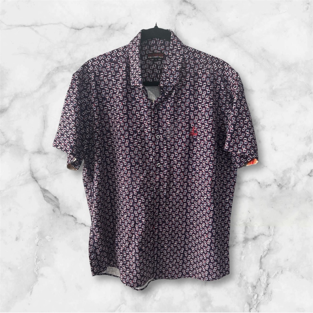 DECKMASTER Men's Patterned Short Sleeve Button Down Shirt EUC- Size L